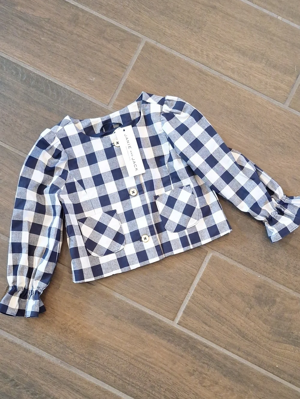 NWT Janie & Jack Navy Gingham Jacket Ruffle Bell Sleeve 100% Cotton Preppy 2T